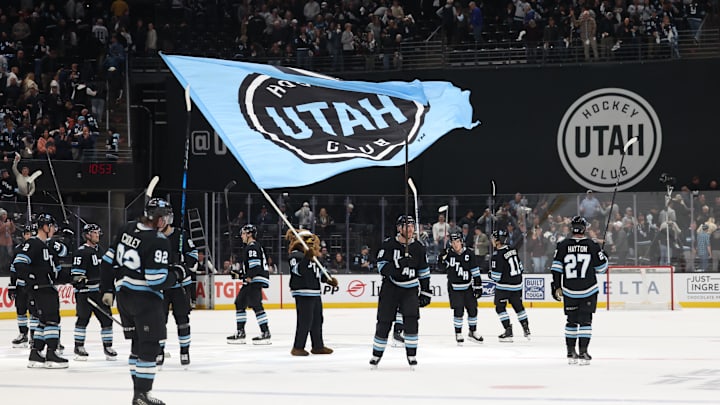 Mar 12, 2025; Salt Lake City, Utah, USA; The Utah Hockey Club celebrates a win over the Anaheim Ducks at Delta Center. Mandatory Credit: Rob Gray-Imagn Images