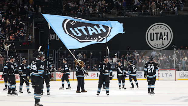 The Utah Hockey Club celebrates a win