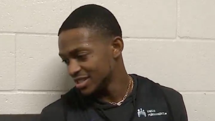 Sacramento Kings guard De'Aaron Fox speaks to reporters after a shootaround at Golden 1 Center before an NBA Cup group-play game vs. the Minnesota Timberwolves on November 15, 2024. 