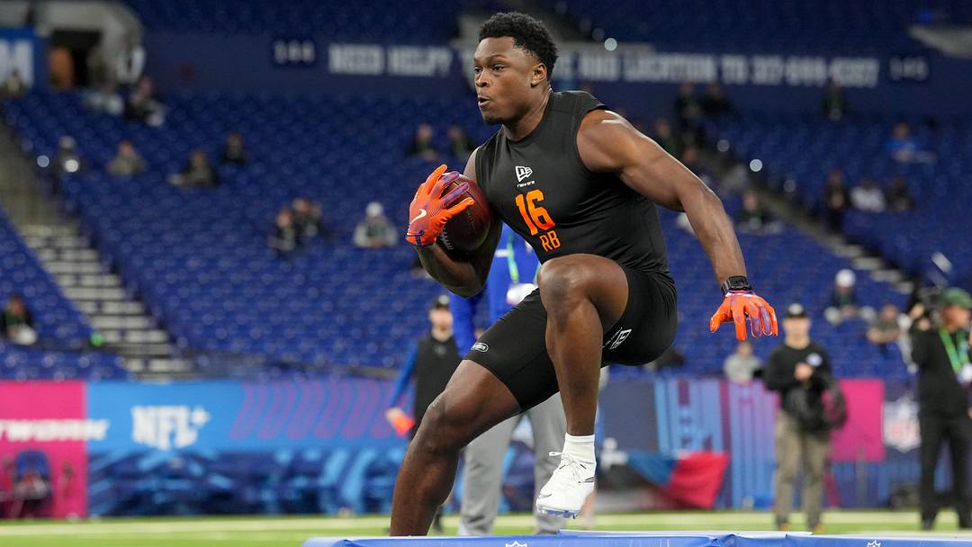 Feb 28, 2026; Indianapolis, IN, USA; Clemson running back Adam Randall (RB16) during the NFL Scouting Combine at Lucas Oil Stadium. Mandatory Credit: Kirby Lee-Imagn Images