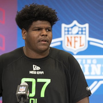 Mar 1, 2025; Indianapolis, IN, USA; University of Oregon offensive lineman Josh Conerly (OL07) answers questions at a press conference during the 2025 NFL Combine at Indiana Convention Center. Mandatory Credit: Jacob Musselman-Imagn Images