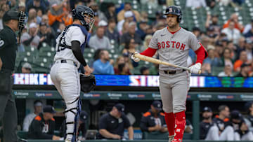 May 13, 2025; Detroit, Michigan, USA; Boston Red Sox third base Alex Bregman (2) strikes out to end the first inning against the Detroit Tigers at Comerica Park. Mandatory Credit: David Reginek-Imagn Images