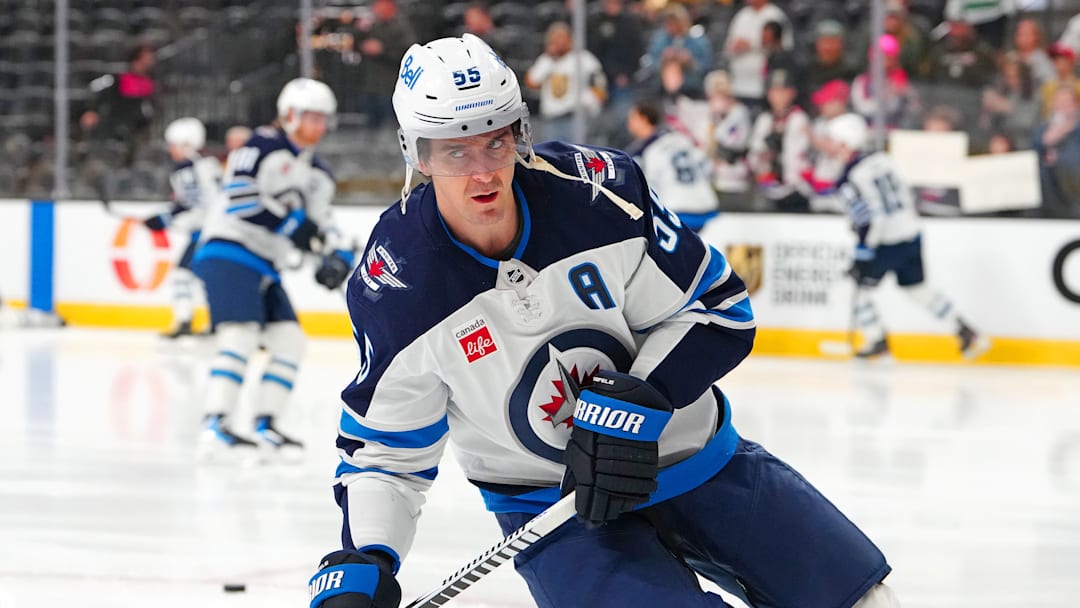 Apr 13, 2026; Las Vegas, Nevada, USA; Winnipeg Jets center Mark Scheifele (55) warms up before the start of a game against the Vegas Golden Knights at T-Mobile Arena. Mandatory Credit: Stephen R. Sylvanie-Imagn Images
