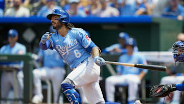 Jul 13, 2025; Kansas City, Missouri, USA; Kansas City Royals second baseman Jonathan India (6) hits a single during the third inning against the New York Mets at Kauffman Stadium. Mandatory Credit: Jay Biggerstaff-Imagn Images