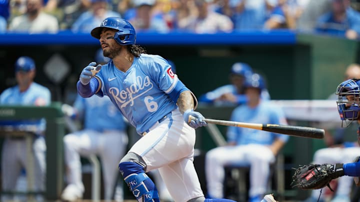 Jul 13, 2025; Kansas City, Missouri, USA; Kansas City Royals second baseman Jonathan India (6) hits a single during the third inning against the New York Mets at Kauffman Stadium. Mandatory Credit: Jay Biggerstaff-Imagn Images