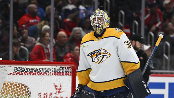 Dec 30, 2023; Washington, District of Columbia, USA; Nashville Predators goaltender Yaroslav Askarov (30) on the ice against the Washington Capitals during the first period at Capital One Arena. Mandatory Credit: Brad Mills-USA TODAY Sports