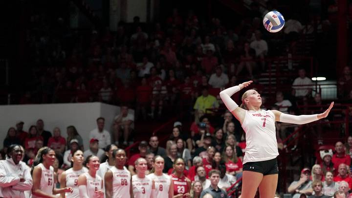 Wisconsin libero/defensive specialist Kristen Simon (7) serves during their match against Florida Wednesday, Sept. 2, 2026 at the UW Field House in Madison, Wisconsin.