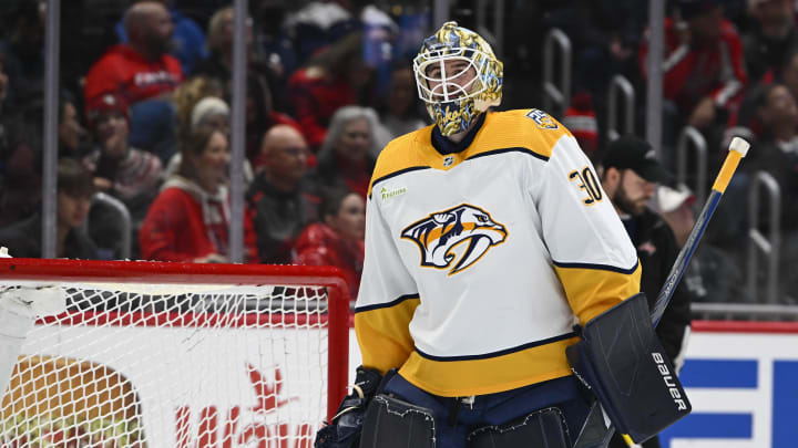 Dec 30, 2023; Washington, District of Columbia, USA; Nashville Predators goaltender Yaroslav Askarov (30) on the ice against the Washington Capitals during the first period at Capital One Arena. Mandatory Credit: Brad Mills-USA TODAY Sports