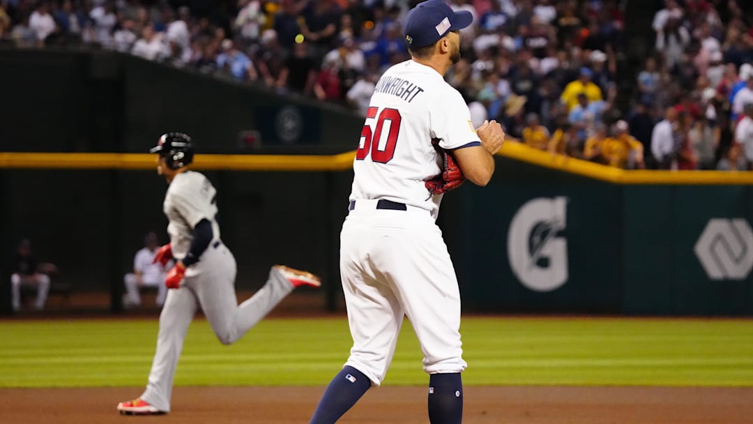 USA pitcher Adam Wainwright (50) reacts after giving a home run to Great Britain outfielder Trayce Thompson (43) during the World Baseball Classic at Chase Field in Phoenix on March 11, 2023.
Baseball World Baseball Classic Opening Day USA pitcher Adam Wainwright (50) reacts after giving a home run to Great Britain outfielder Trayce Thompson (43) during the World Baseball Classic at Chase Field in Phoenix on March 11, 2023.
Baseball World Baseball Classic Opening Day