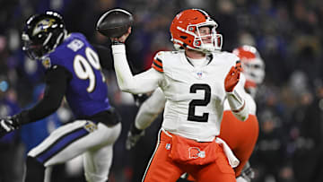 Jan 4, 2025; Baltimore, Maryland, USA; Cleveland Browns quarterback Bailey Zappe (2) makes a pass during the third quarter against the Baltimore Ravens at M&T Bank Stadium. Mandatory Credit: Tommy Gilligan-Imagn Images