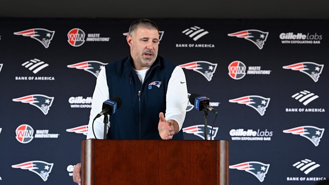 Mar 13, 2025; Foxborough, MA, USA; New England Patriots head coach Mike Vrabel discusses the teamís recent free agent additions with the media at Gillette Stadium. Mandatory Credit: Eric Canha-Imagn Images