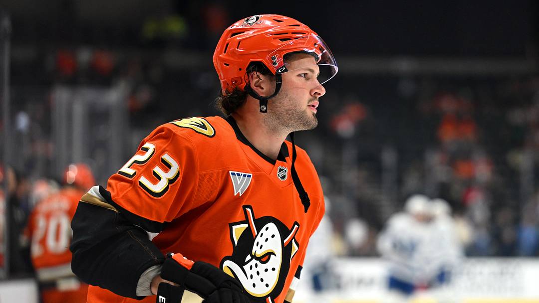 Mar 30, 2026; Anaheim, California, USA; Anaheim Ducks center Mason McTavish (23) warms up before the game against the Toronto Maple Leafs at Honda Center. Mandatory Credit: Griffin Hooper-Imagn Images