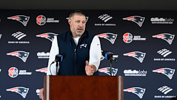 Mar 13, 2025; Foxborough, MA, USA; New England Patriots head coach Mike Vrabel discusses the teamís recent free agent additions with the media at Gillette Stadium. Mandatory Credit: Eric Canha-Imagn Images
