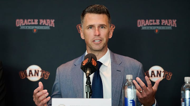 Oct 1, 2024; San Francisco, CA, USA; San Francisco Giants president of baseball operations Buster Posey addresses the media during an introductory press conference at Oracle Park.  Mandatory Credit: Robert Edwards-Imagn Images