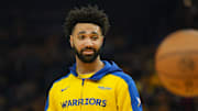 Golden State Warriors forward Trayce Jackson-Davis (32) before game three of first round for the 2024 NBA Playoffs against the Houston Rockets at Chase Center.