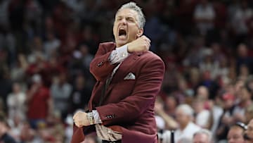 Jan 25, 2025; Fayetteville, Arkansas, USA; Arkansas Razorbacks head coach John Calipari reacts to a call in the second half against the Oklahoma Sooners at Bud Walton Arena. Oklahoma won 65-62. Mandatory Credit: Nelson Chenault-Imagn Images