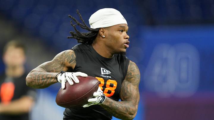 Feb 28, 2026; Indianapolis, IN, USA; LSU wideout Zavion Thomas (WO38) during the NFL Scouting Combine at Lucas Oil Stadium. Mandatory Credit: Kirby Lee-Imagn Images