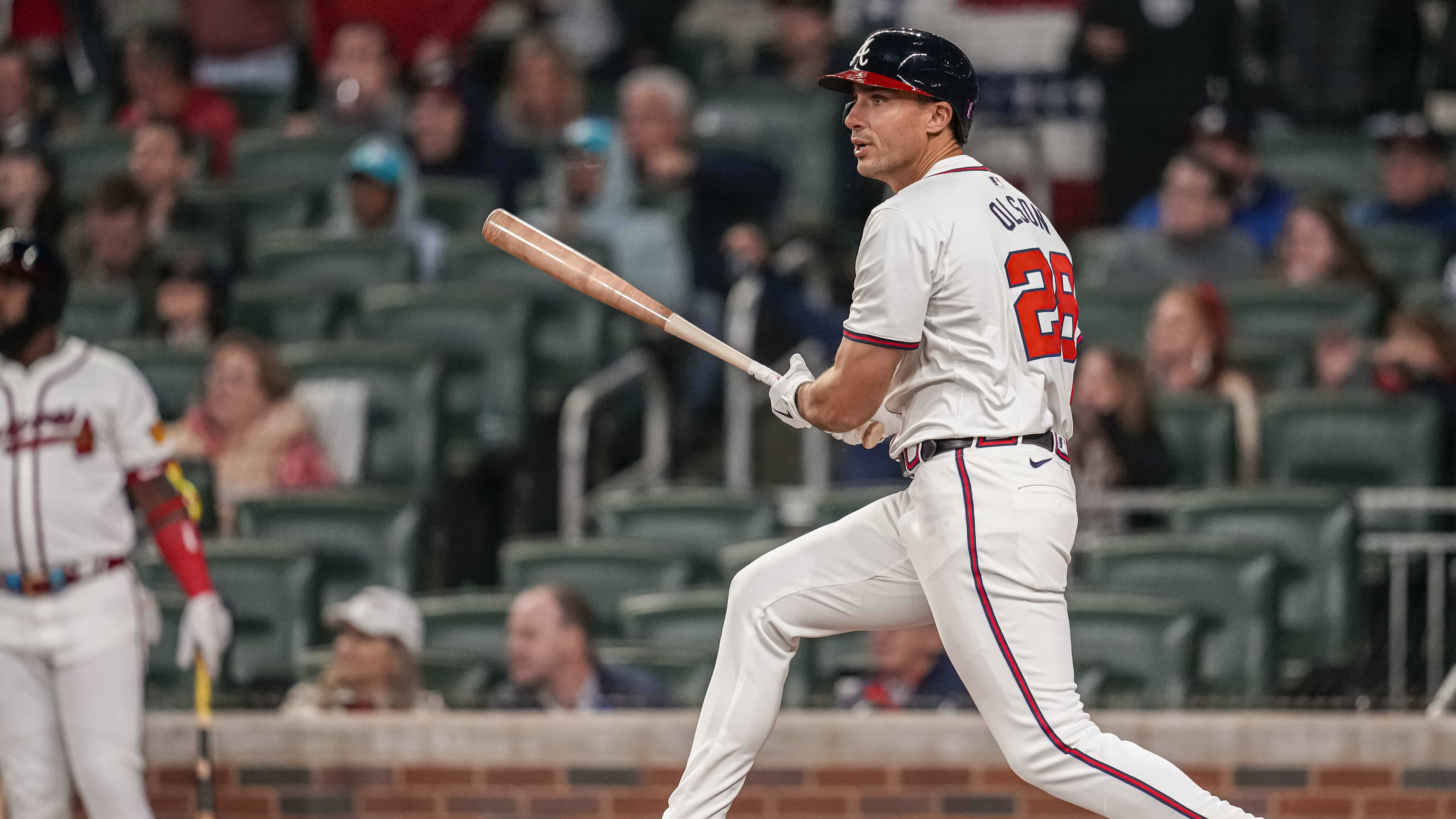 Atlanta Braves first base Matt Olson hits one of his team-leading six doubles, this one against the Arizona Diamondbacks