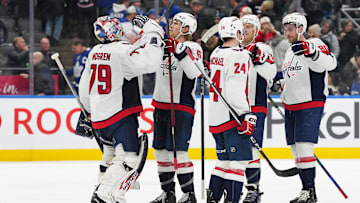 Dec 6, 2024; Toronto, Ontario, CAN; Washington Capitals defenseman Jakob Chychrun (6) celebrates the win with goaltender Charlie Lindgren (79) against the Toronto Maple Leafs at the end of the third period at Scotiabank Arena. Mandatory Credit: Nick Turchiaro-Imagn Images