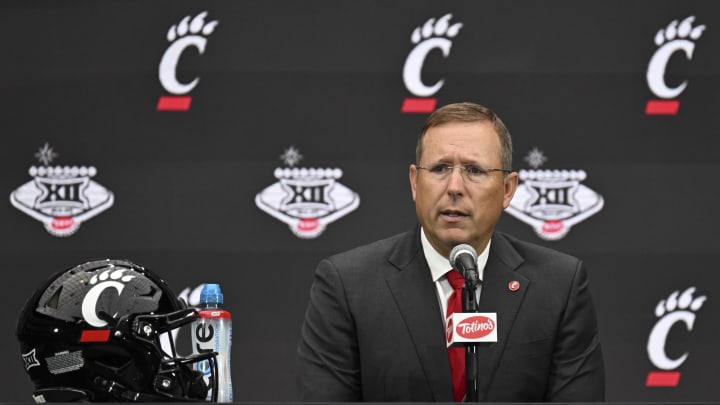 Jul 9, 2024; Las Vegas, NV, USA; Cincinnati Bearcats head coach Scott Satterfield speaks to the media during the Big 12 Media Days at Allegiant Stadium. Mandatory Credit: Candice Ward-USA TODAY Sports