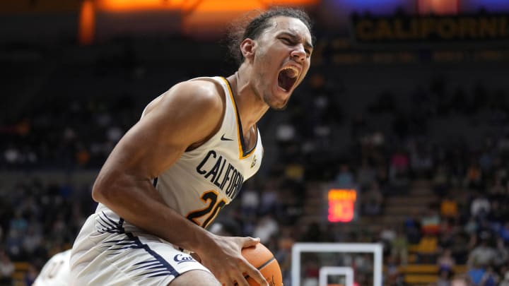 Feb 24, 2024; Berkeley, California, USA; California Golden Bears guard Jaylon Tyson (20) reacts after an Oregon Ducks foul during the second half at Haas Pavilion. Mandatory Credit: Darren Yamashita-USA TODAY Sports