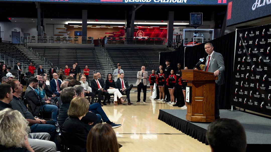 Cincinnati head coach Jerrod Calhoun speaks during a press conference announcing him as the head men's basketball coach at Fifth Third Arena in Cincinnati on Wednesday, March 25, 2026.