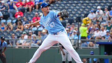 Jul 21, 2024; Kansas City, Missouri, USA; Kansas City Royals starting pitcher Seth Lugo (67) delivers a pitch against the Chicago White Sox in the first inning at Kauffman Stadium. Mandatory Credit: Denny Medley-USA TODAY Sports