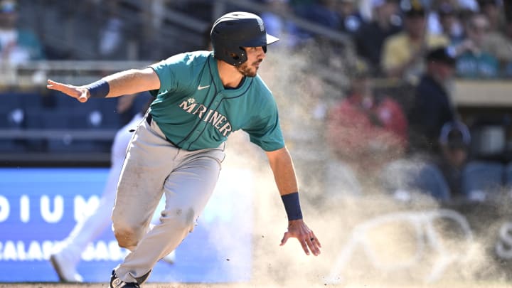 Seattle Mariners catcher Jake Anchia reacts after scoring a run against the San Diego Padres on March 26 Petco Park.