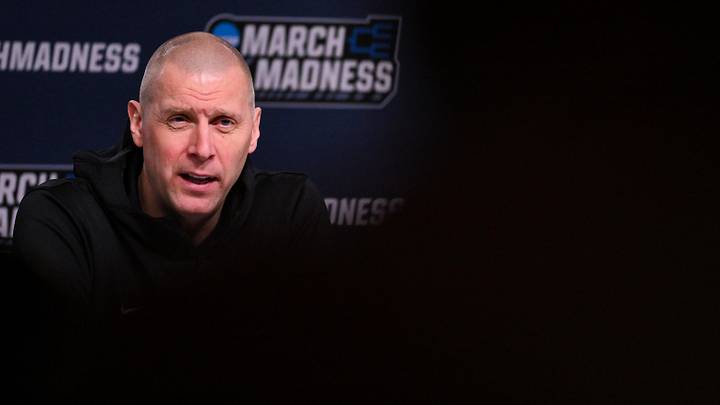 Mar 19, 2026; St. Louis, MO, USA; Kentucky Wildcats head coach Mark Pope talks with the media during a practice session ahead of the first round of the men's 2026 NCAA Tournament at Enterprise Center. Mandatory Credit: Jeff Curry-Imagn Images