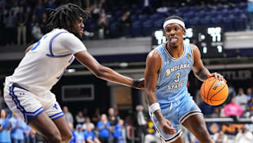 Indiana State Sycamores guard Ryan Conwell (3) rushes up the court Thursday, April 4, 2024, during the NIT championship game at Hinkle Fieldhouse in Indianapolis. The Seton Hall Pirates defeated the Indiana State Sycamores, 79-77.