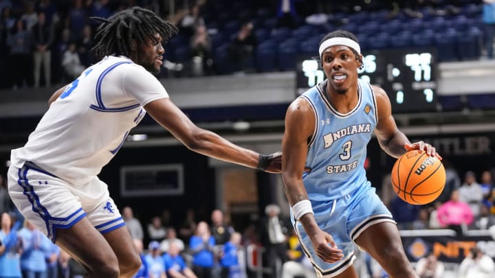 Indiana State Sycamores guard Ryan Conwell (3) rushes up the court Thursday, April 4, 2024, during the NIT championship game at Hinkle Fieldhouse in Indianapolis. The Seton Hall Pirates defeated the Indiana State Sycamores, 79-77.