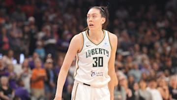 Jun 27, 2025; Phoenix, Arizona, USA; New York Liberty forward Breanna Stewart (30) looks on against the Phoenix Mercury during the first half at Footprint Center. Mandatory Credit: Joe Camporeale-Imagn Images