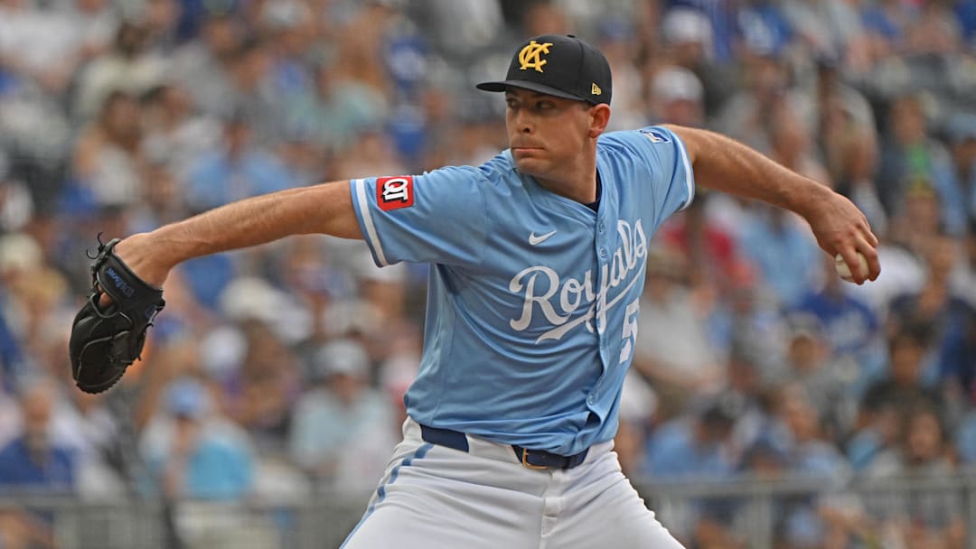 Jun 29, 2025; Kansas City, Missouri, USA;  Kansas City Royals starting pitcher Kris Bubic (50) throws a pitch in the first inning against the Los Angeles Dodgers at Kauffman Stadium. Mandatory Credit: Peter Aiken-Imagn Images