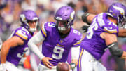 Minnesota Vikings quarterback J.J. McCarthy (9) against the Las Vegas Raiders in the second quarter at U.S. Bank Stadium in Minneapolis on Aug. 10, 2024. 