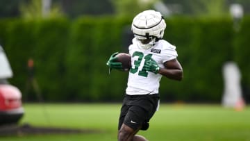Jul 25, 2024; Florham Park, NJ, USA; New York Jets running back Tarik Cohen (31) participates in a drill during training camp at Atlantic Health Jets Training Center. Mandatory Credit: John Jones-USA TODAY Sports