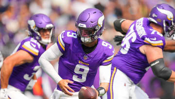 Aug 10, 2024; Minneapolis, Minnesota, USA; Minnesota Vikings quarterback J.J. McCarthy (9) against the Las Vegas Raiders in the second quarter at U.S. Bank Stadium. Mandatory Credit: Brad Rempel-USA TODAY Sports