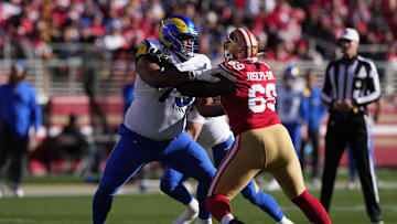 Jan 7, 2024; Santa Clara, California, USA; Los Angeles Rams offensive tackle Rob Havenstein (left) blocks San Francisco 49ers defensive tackle Sebastian Joseph-Day (69) during the first quarter at Levi's Stadium. Mandatory Credit: Darren Yamashita-Imagn Images