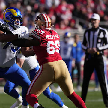 Jan 7, 2024; Santa Clara, California, USA; Los Angeles Rams offensive tackle Rob Havenstein (left) blocks San Francisco 49ers defensive tackle Sebastian Joseph-Day (69) during the first quarter at Levi's Stadium. Mandatory Credit: Darren Yamashita-Imagn Images