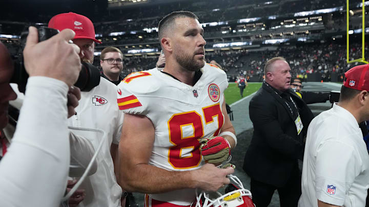 Jan 4, 2026; Paradise, Nevada, USA; Kansas City Chiefs tight end Travis Kelce (87) leaves the field after the game against the Las Vegas Raiders at Allegiant Stadium. Mandatory Credit: Kirby Lee-Imagn Images