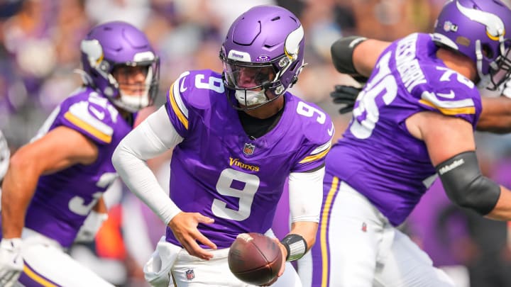 Aug 10, 2024; Minneapolis, Minnesota, USA; Minnesota Vikings quarterback J.J. McCarthy (9) against the Las Vegas Raiders in the second quarter at U.S. Bank Stadium. Mandatory Credit: Brad Rempel-USA TODAY Sports