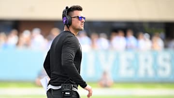 Sep 21, 2024; Chapel Hill, North Carolina, USA; James Madison Dukes head coach Bob Chesney on the sidelines in the second quarter at Kenan Memorial Stadium. Mandatory Credit: Bob Donnan-Imagn Images