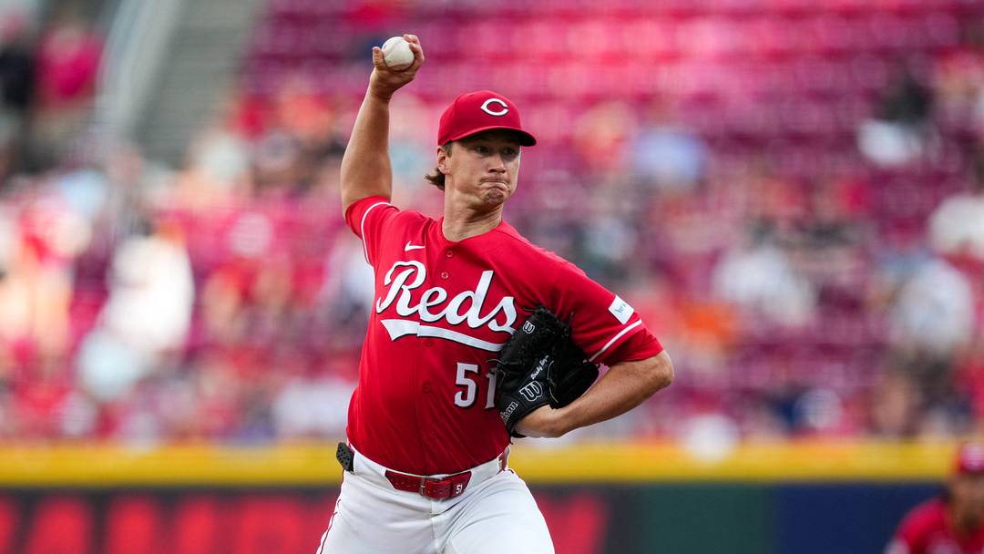 Jul 29, 2026; Cincinnati, Ohio, USA;  Cincinnati Reds pitcher Brady Singer throws against the Cleveland Guardians in the first inning at Great American Ball Park. Mandatory Credit: Aaron Doster-Imagn Images