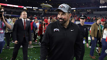 Jan 10, 2025; Arlington, Texas, USA; Ohio State Buckeyes head coach Ryan Day celebrates after winning the College Football Playoff semifinal against the Texas Longhorns in the Cotton Bowl at AT&T Stadium. Mandatory Credit: Tim Heitman-Imagn Images
