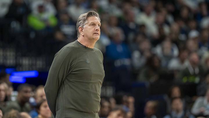 Apr 25, 2025; Minneapolis, Minnesota, USA; Minnesota Timberwolves head coach Chris Finch looks on in the first half against the Los Angeles Lakers during game three of first round for the 2024 NBA Playoffs at Target Center. Mandatory Credit: Jesse Johnson-Imagn Images