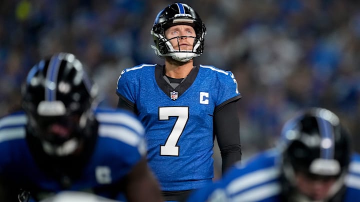Indianapolis Colts place kicker Matt Gay (7) looks up toward the goal posts Sunday, Nov. 24, 2024, during a game against the Detroit Lions at Lucas Oil Stadium in Indianapolis.