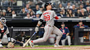 Boston Red Sox second baseman Kristian Campbell hits a two-run home run against the New York Yankees during the fifth inning at Yankee Stadium. 