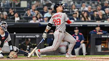 Boston Red Sox second baseman Kristian Campbell hits a two-run home run against the New York Yankees during the fifth inning at Yankee Stadium. 
