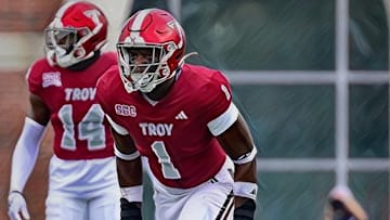 Former Troy Trojans edge rusher Phillip Lee participates on defense during 2024 season. The rising senior will take a visit to Arkansas that is set to begin Thursday, Arpil 17, 2025.