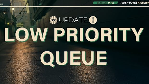 Graphic announcing the low priority queue update for competitive video game Deadlock.