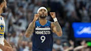 May 8, 2025; Minneapolis, Minnesota, USA; Minnesota Timberwolves guard Nickeil Alexander-Walker (9) celebrates after making a three point shot against the Golden State Warriors in the second half during game two of the second round for the 2025 NBA Playoffs at Target Center. Mandatory Credit: Jesse Johnson-Imagn Images